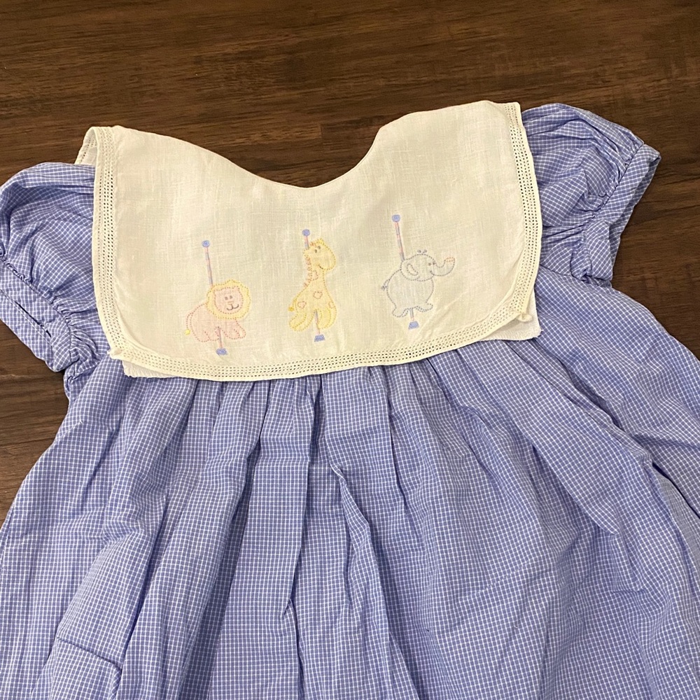 Vintage Judy Lynn Zoo Carousel Embroidered Bib Dress Blue Gingham Size 3T